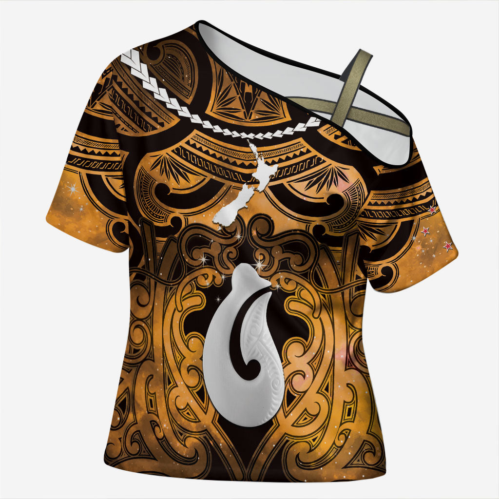 Personalised Maori Matariki Hei Matau Kowhai Cross Shoulder Shirt Maori Kowhaiwhai Pattern Galaxy