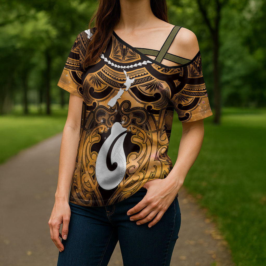 Personalised Maori Matariki Hei Matau Kowhai Cross Shoulder Shirt Maori Kowhaiwhai Pattern Galaxy