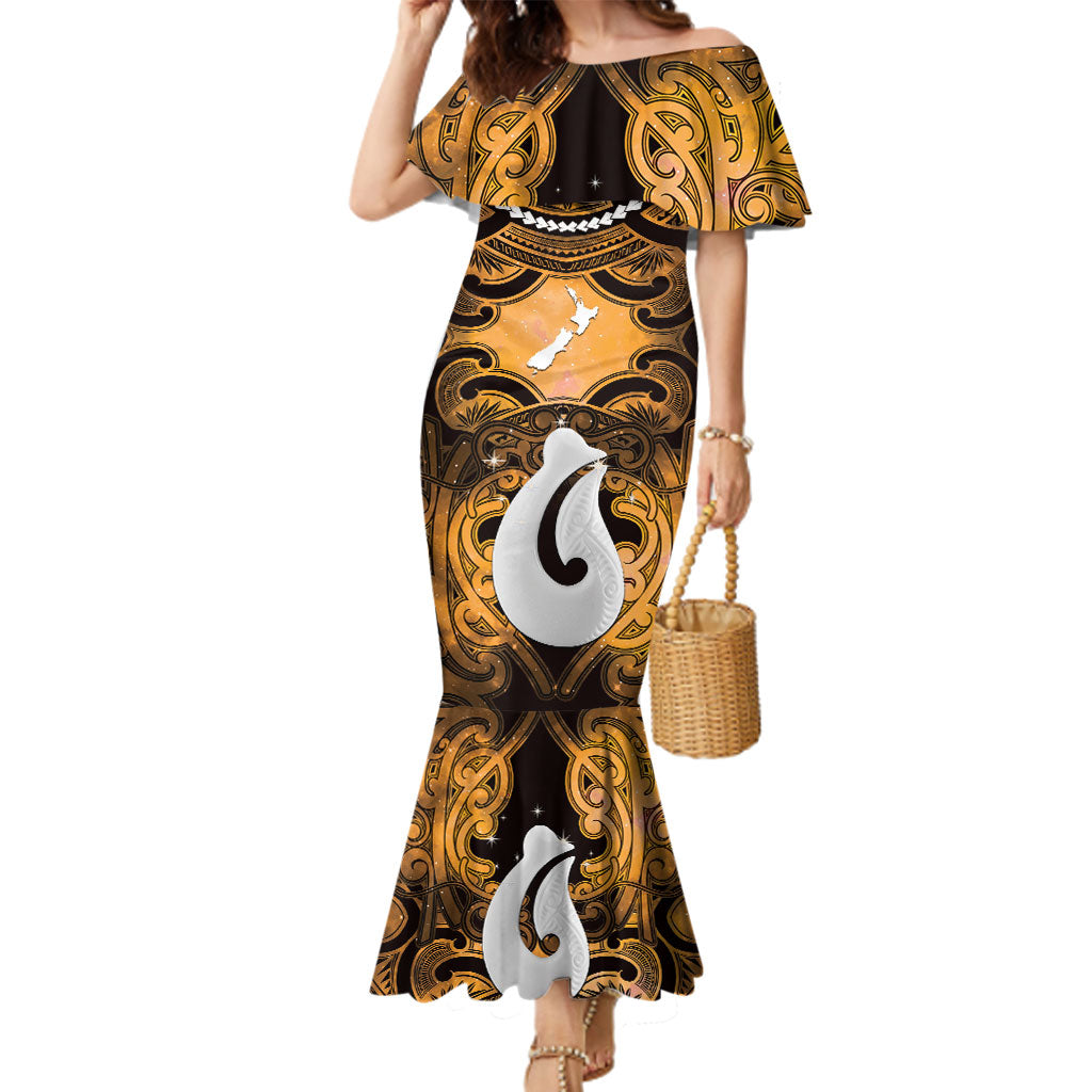 Personalised Maori Matariki Hei Matau Kowhai Family Matching Mermaid Dress and Hawaiian Shirt Maori Kowhaiwhai Pattern Galaxy LT01 Mom's Dress Yellow - Polynesian Pride