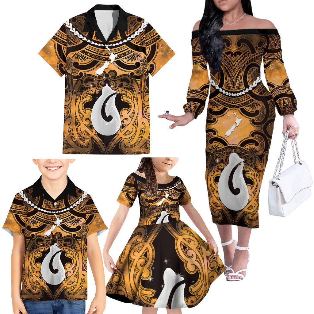 Personalised Maori Matariki Hei Matau Kowhai Family Matching Off The Shoulder Long Sleeve Dress and Hawaiian Shirt Maori Kowhaiwhai Pattern Galaxy LT01 - Polynesian Pride