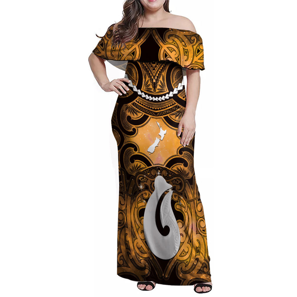Personalised Maori Matariki Hei Matau Kowhai Family Matching Off Shoulder Maxi Dress and Hawaiian Shirt Maori Kowhaiwhai Pattern Galaxy LT01 Mom's Dress Yellow - Polynesian Pride