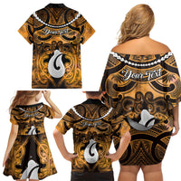 Personalised Maori Matariki Hei Matau Kowhai Family Matching Off Shoulder Short Dress and Hawaiian Shirt Maori Kowhaiwhai Pattern Galaxy LT01 - Polynesian Pride