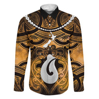 Personalised Maori Matariki Hei Matau Kowhai Family Matching Off Shoulder Short Dress and Hawaiian Shirt Maori Kowhaiwhai Pattern Galaxy LT01 Dad's Shirt - Long Sleeve Yellow - Polynesian Pride