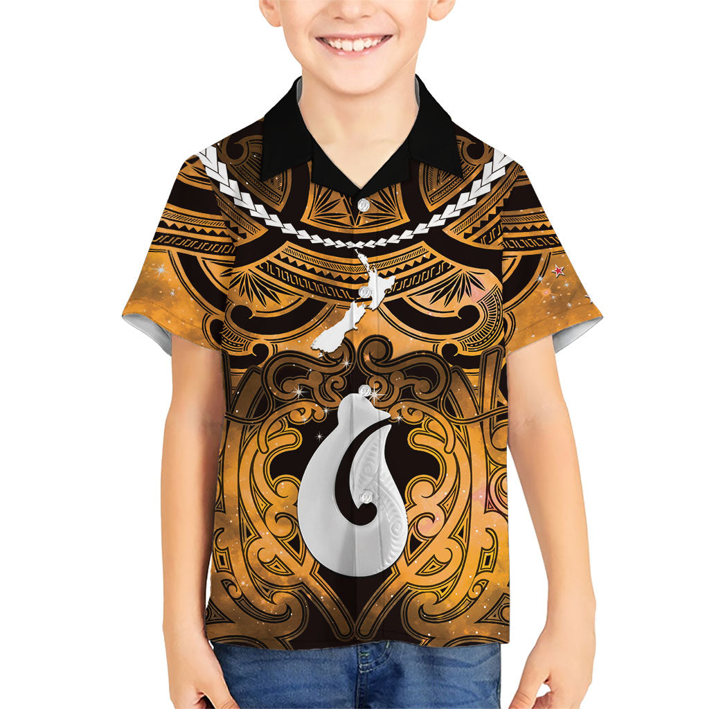 Personalised Maori Matariki Hei Matau Kowhai Family Matching Off Shoulder Short Dress and Hawaiian Shirt Maori Kowhaiwhai Pattern Galaxy LT01 Son's Shirt Yellow - Polynesian Pride