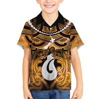 Personalised Maori Matariki Hei Matau Kowhai Family Matching Off Shoulder Short Dress and Hawaiian Shirt Maori Kowhaiwhai Pattern Galaxy LT01 Son's Shirt Yellow - Polynesian Pride