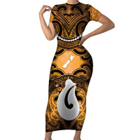 Personalised Maori Matariki Hei Matau Kowhai Family Matching Short Sleeve Bodycon Dress and Hawaiian Shirt Maori Kowhaiwhai Pattern Galaxy LT01 Mom's Dress Yellow - Polynesian Pride