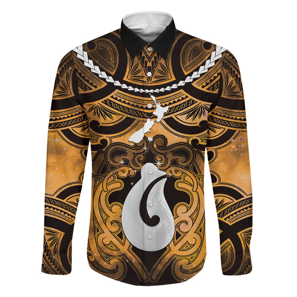 Personalised Maori Matariki Hei Matau Kowhai Family Matching Summer Maxi Dress and Hawaiian Shirt Maori Kowhaiwhai Pattern Galaxy LT01 Dad's Shirt - Long Sleeve Yellow - Polynesian Pride