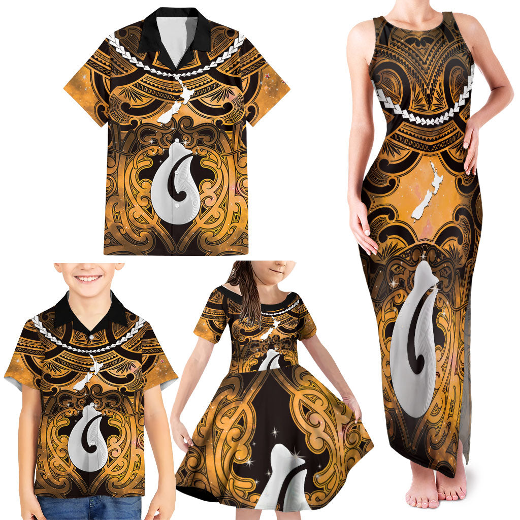 Personalised Maori Matariki Hei Matau Kowhai Family Matching Tank Maxi Dress and Hawaiian Shirt Maori Kowhaiwhai Pattern Galaxy LT01 - Polynesian Pride