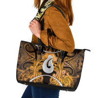 Maori Matariki Hei Matau Kowhai Leather Tote Bag Maori Kowhaiwhai Pattern Galaxy