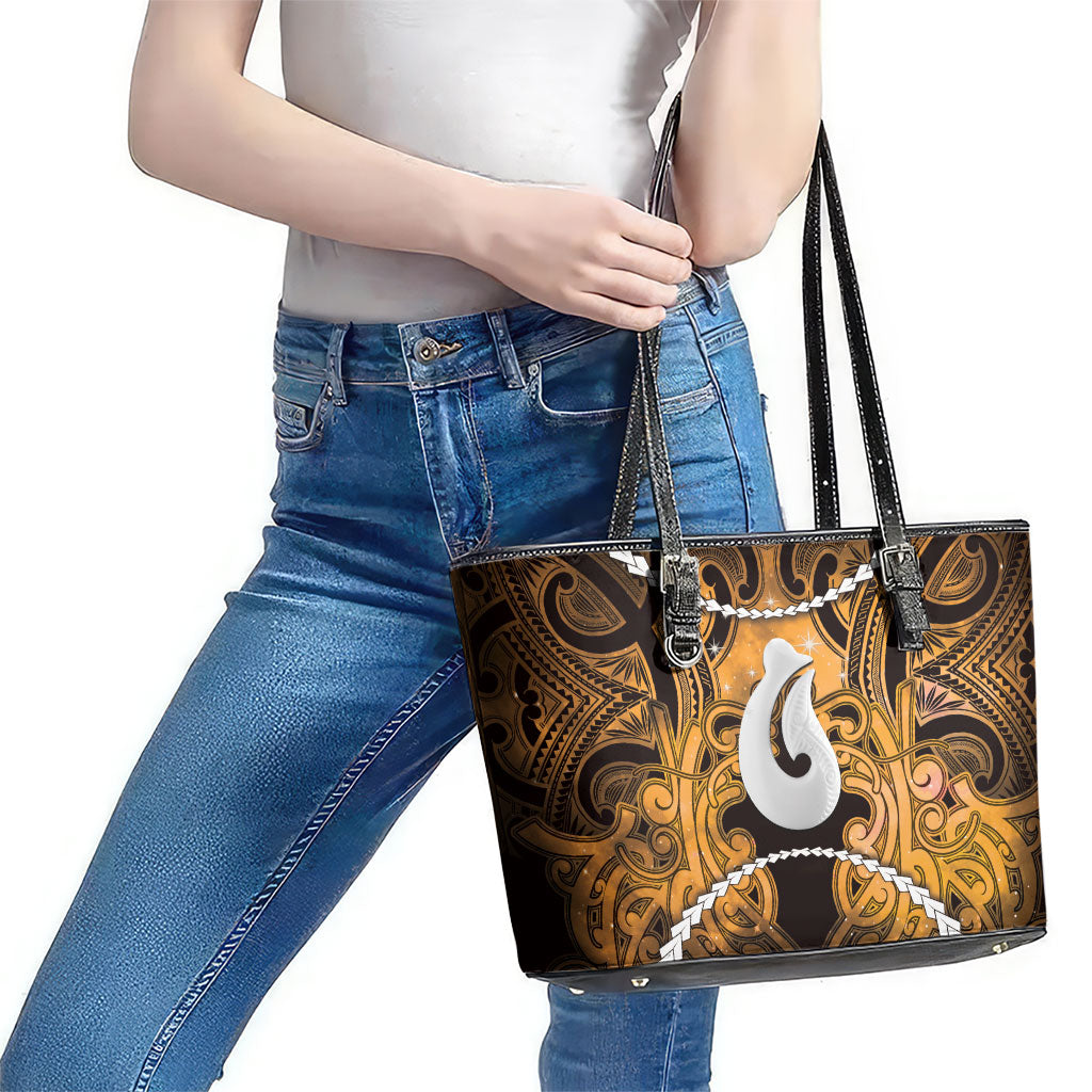 Maori Matariki Hei Matau Kowhai Leather Tote Bag Maori Kowhaiwhai Pattern Galaxy