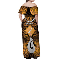 Personalised Maori Matariki Hei Matau Kowhai Off Shoulder Maxi Dress Maori Kowhaiwhai Pattern Galaxy