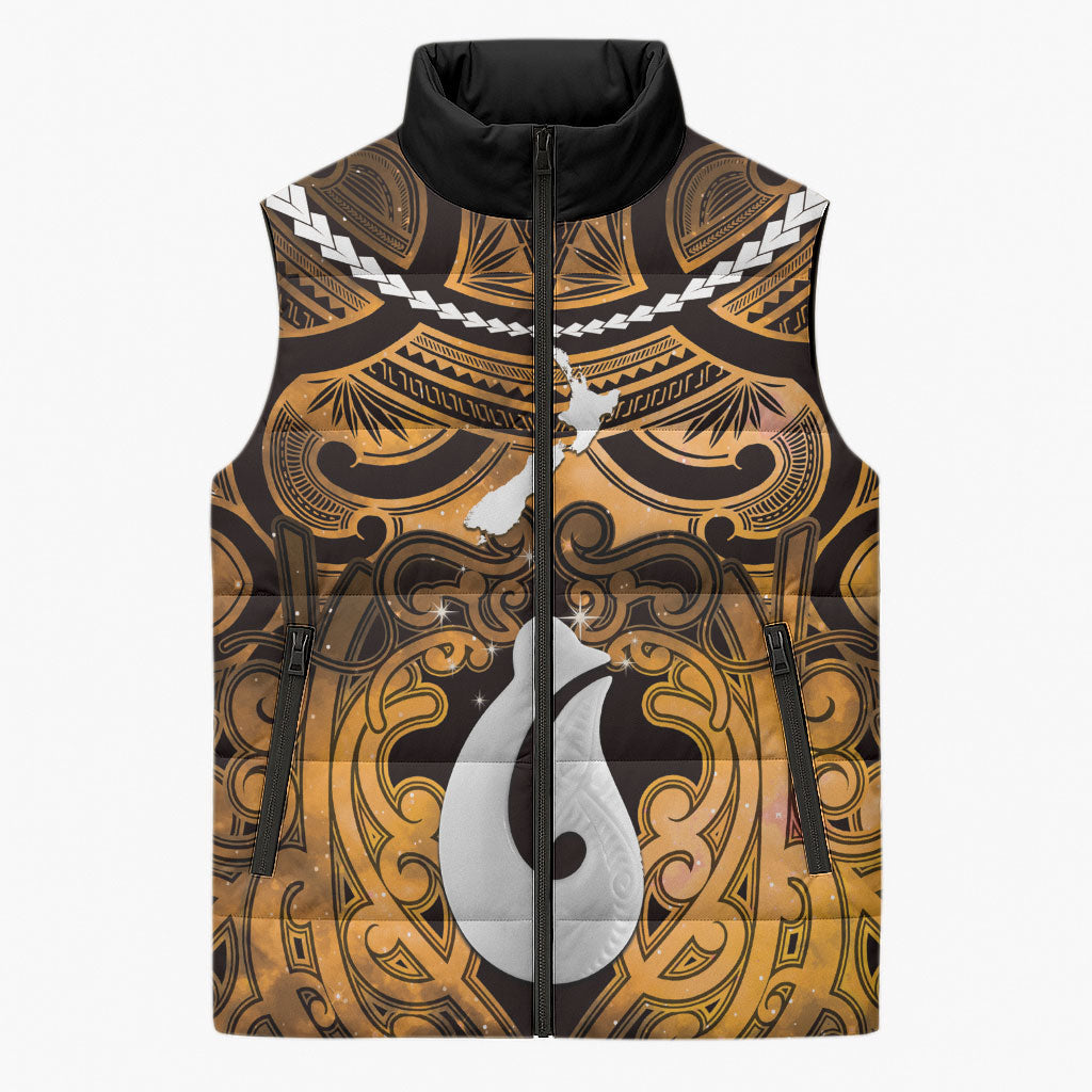 Personalised Maori Matariki Hei Matau Kowhai Sleeveless Puffer Jacket Maori Kowhaiwhai Pattern Galaxy