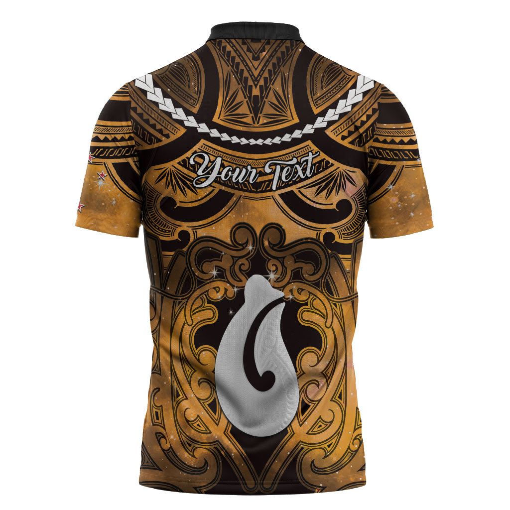 Personalised Maori Matariki Hei Matau Kowhai Zipper Polo Shirt Maori Kowhaiwhai Pattern Galaxy