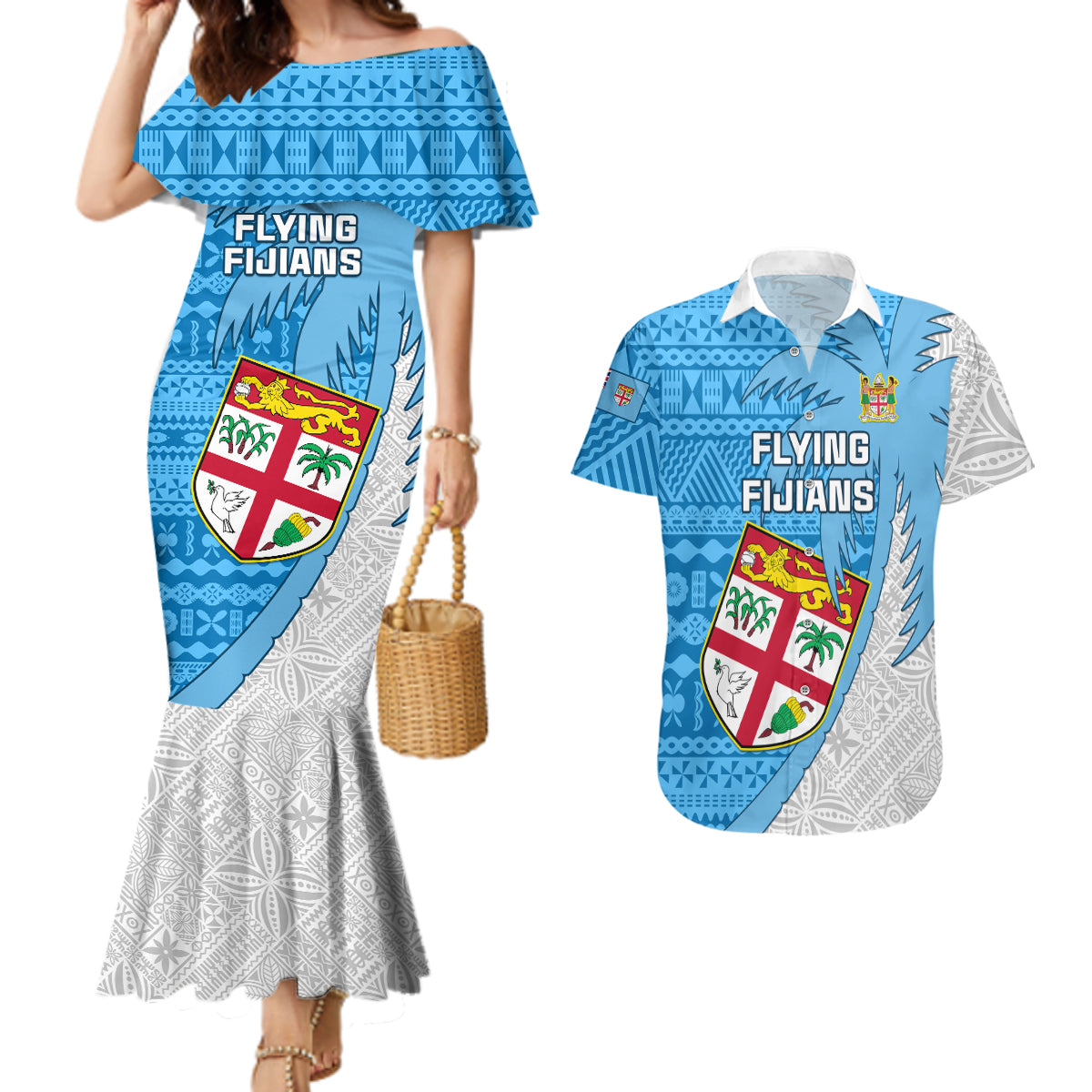 Fiji Rugby Couples Matching Mermaid Dress and Hawaiian Shirt Come On Fijian Tapa Pattern LT01 Blue - Polynesian Pride