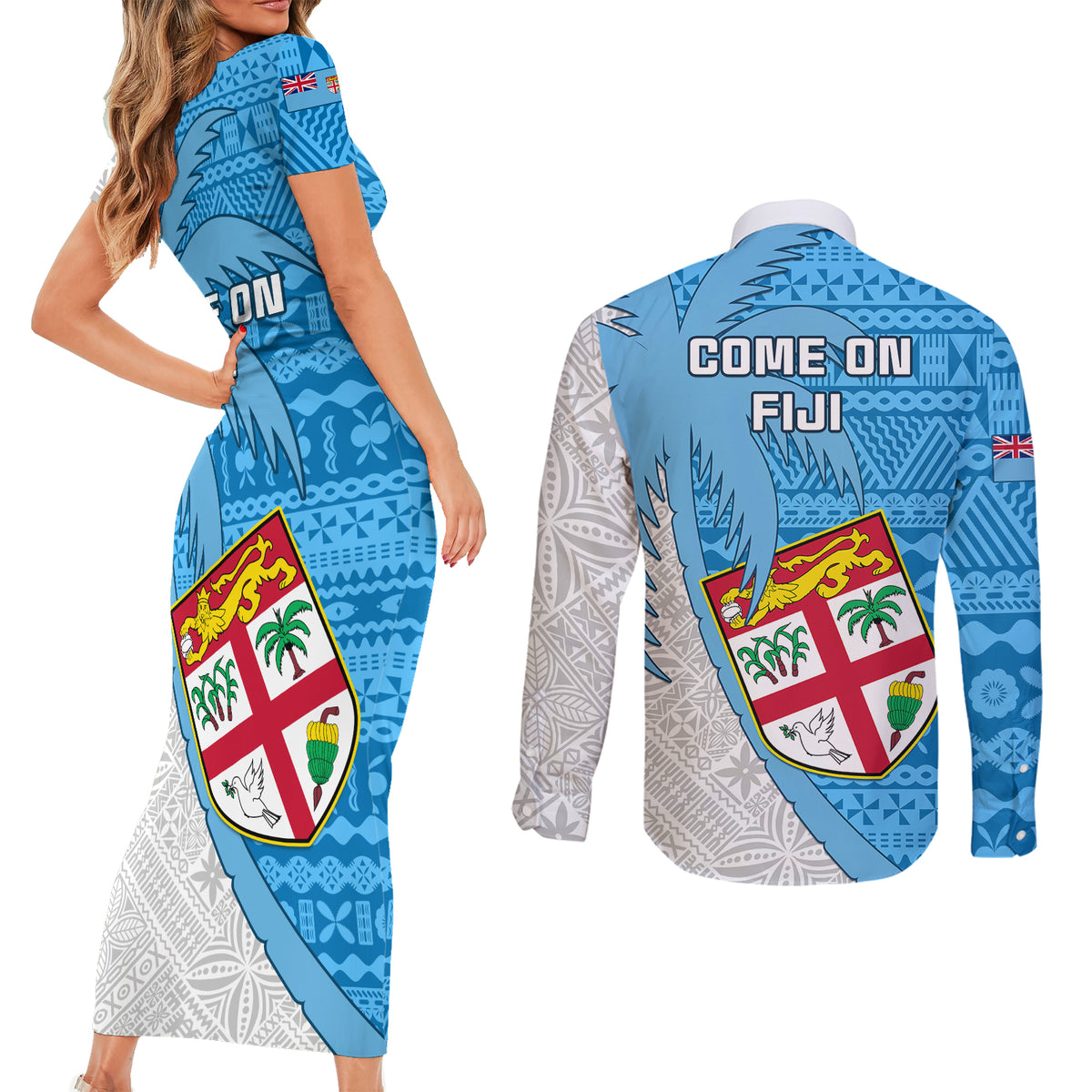 Fiji Rugby Couples Matching Short Sleeve Bodycon Dress and Long Sleeve Button Shirts Come On Fijian Tapa Pattern LT01 - Polynesian Pride