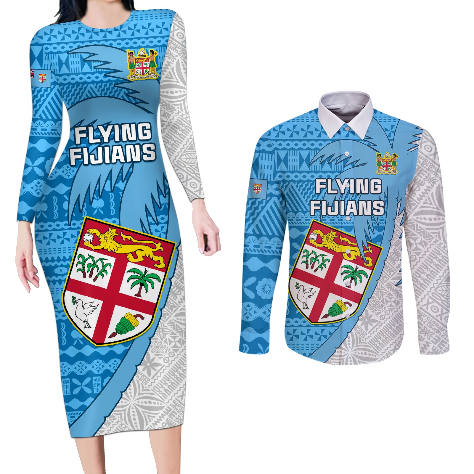 Custom Fiji Rugby Couples Matching Long Sleeve Bodycon Dress and Long Sleeve Button Shirts Come On Fijian Tapa Pattern LT01 Blue - Polynesian Pride