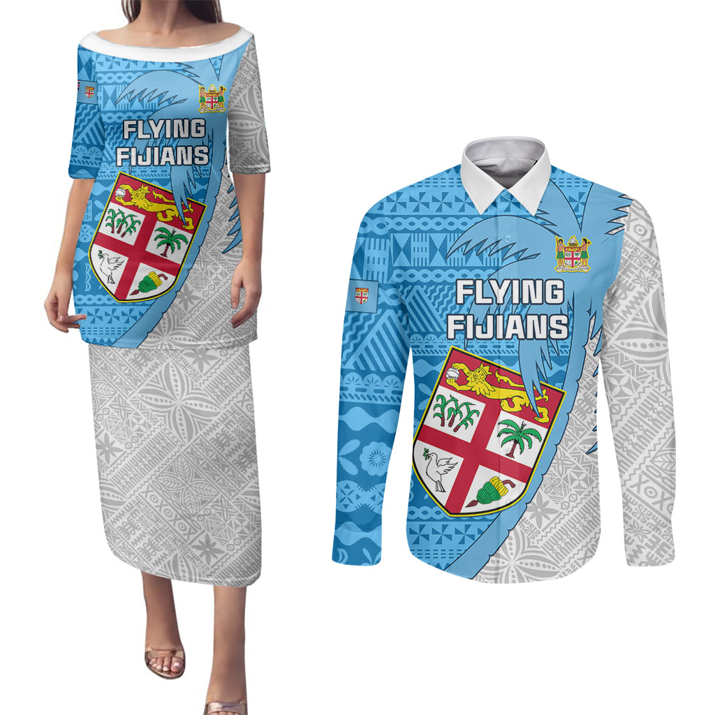 Custom Fiji Rugby Couples Matching Puletasi Dress and Long Sleeve Button Shirts Come On Fijian Tapa Pattern LT01 Blue - Polynesian Pride