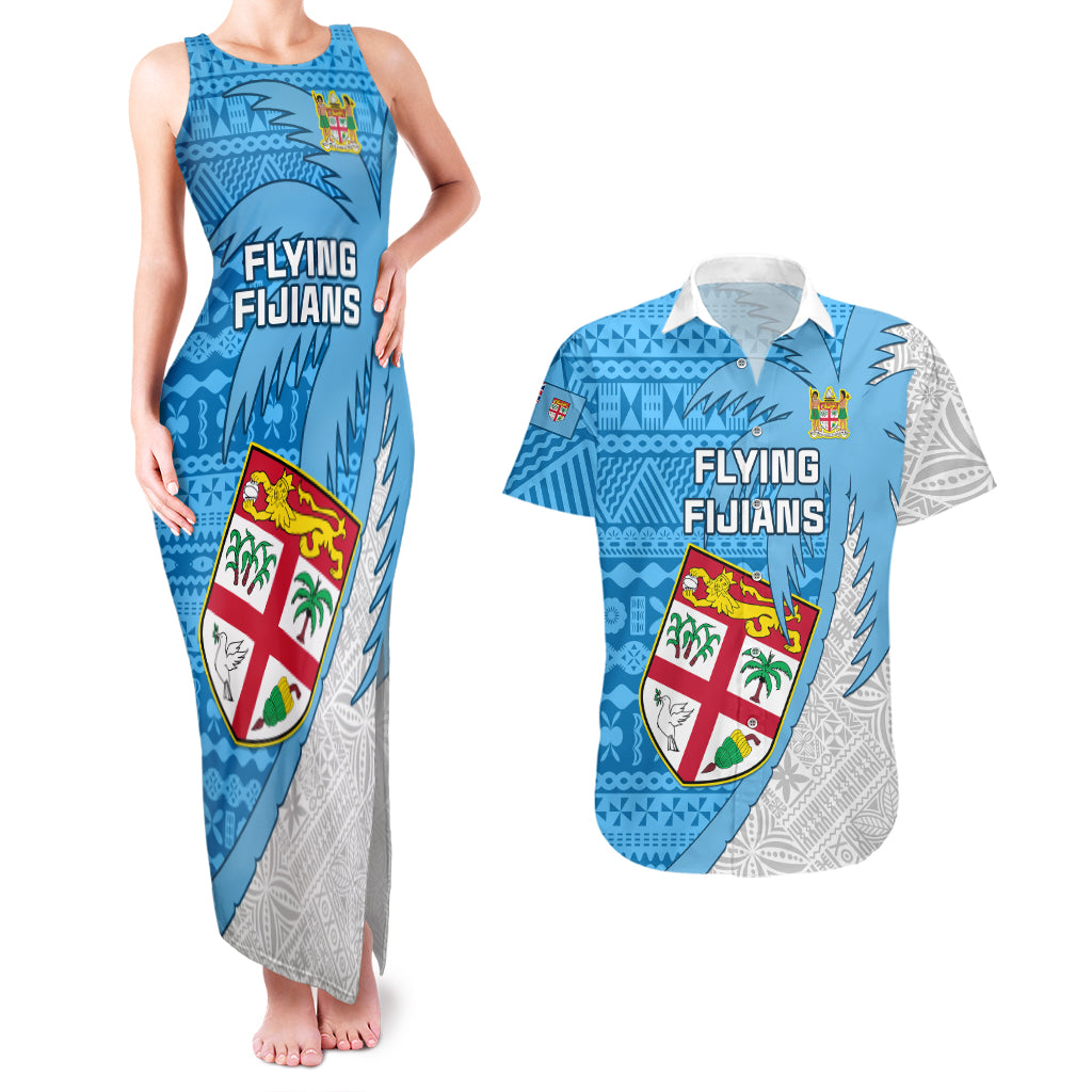Custom Fiji Rugby Couples Matching Tank Maxi Dress and Hawaiian Shirt Come On Fijian Tapa Pattern LT01 Blue - Polynesian Pride