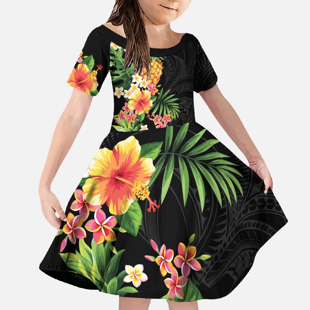 Hawaii Pineapple Tropical Family Matching Long Sleeve Bodycon Dress and Hawaiian Shirt Colorful Hibiscus Plumeria LT01 Daughter's Dress Black - Polynesian Pride