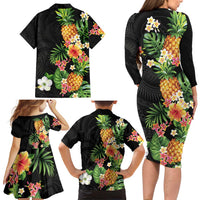 Hawaii Pineapple Tropical Family Matching Long Sleeve Bodycon Dress and Hawaiian Shirt Colorful Hibiscus Plumeria LT01 - Polynesian Pride