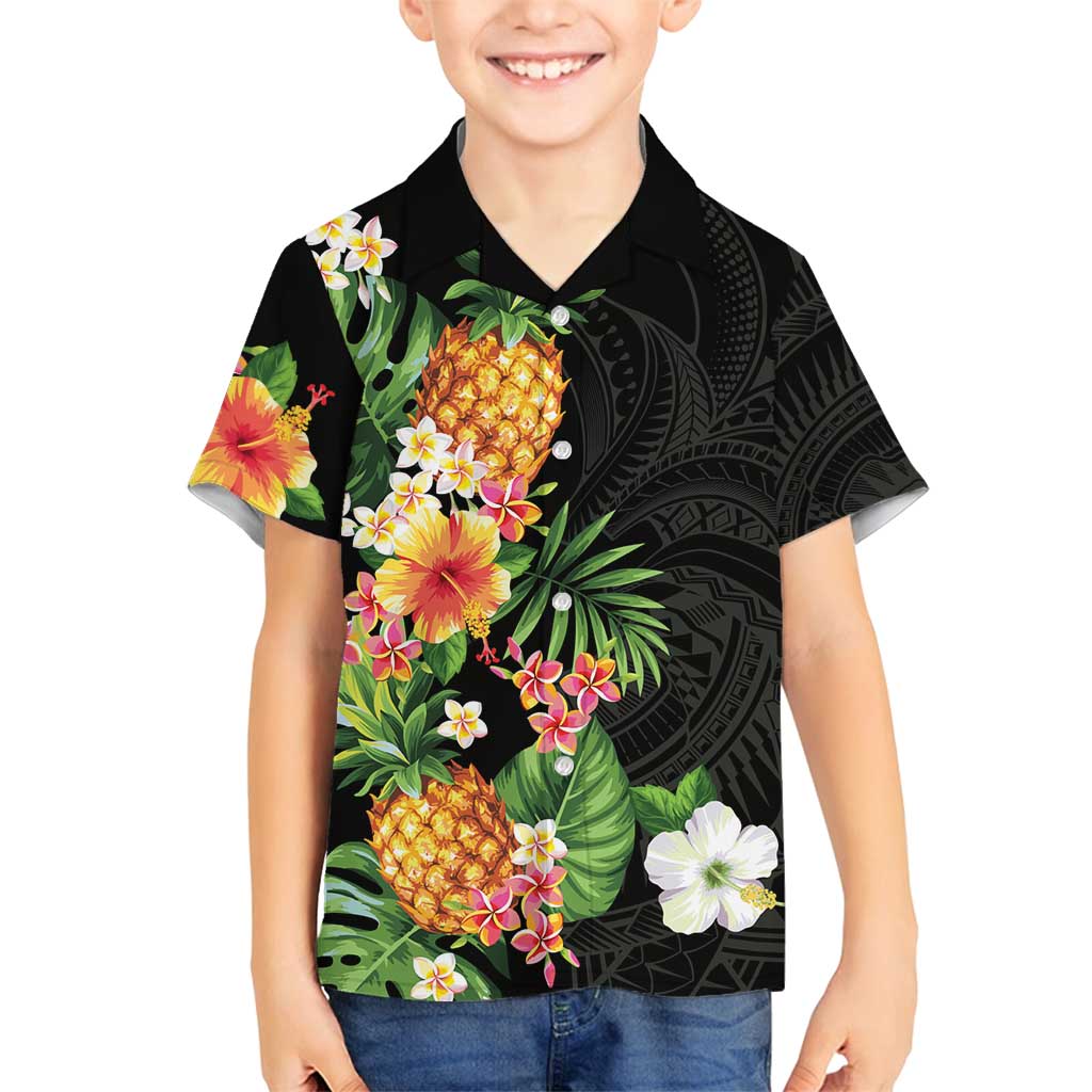 Hawaii Pineapple Tropical Family Matching Long Sleeve Bodycon Dress and Hawaiian Shirt Colorful Hibiscus Plumeria LT01 Son's Shirt Black - Polynesian Pride