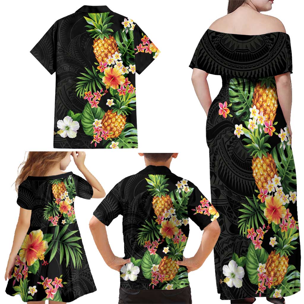 Hawaii Pineapple Tropical Family Matching Off Shoulder Maxi Dress and Hawaiian Shirt Colorful Hibiscus Plumeria