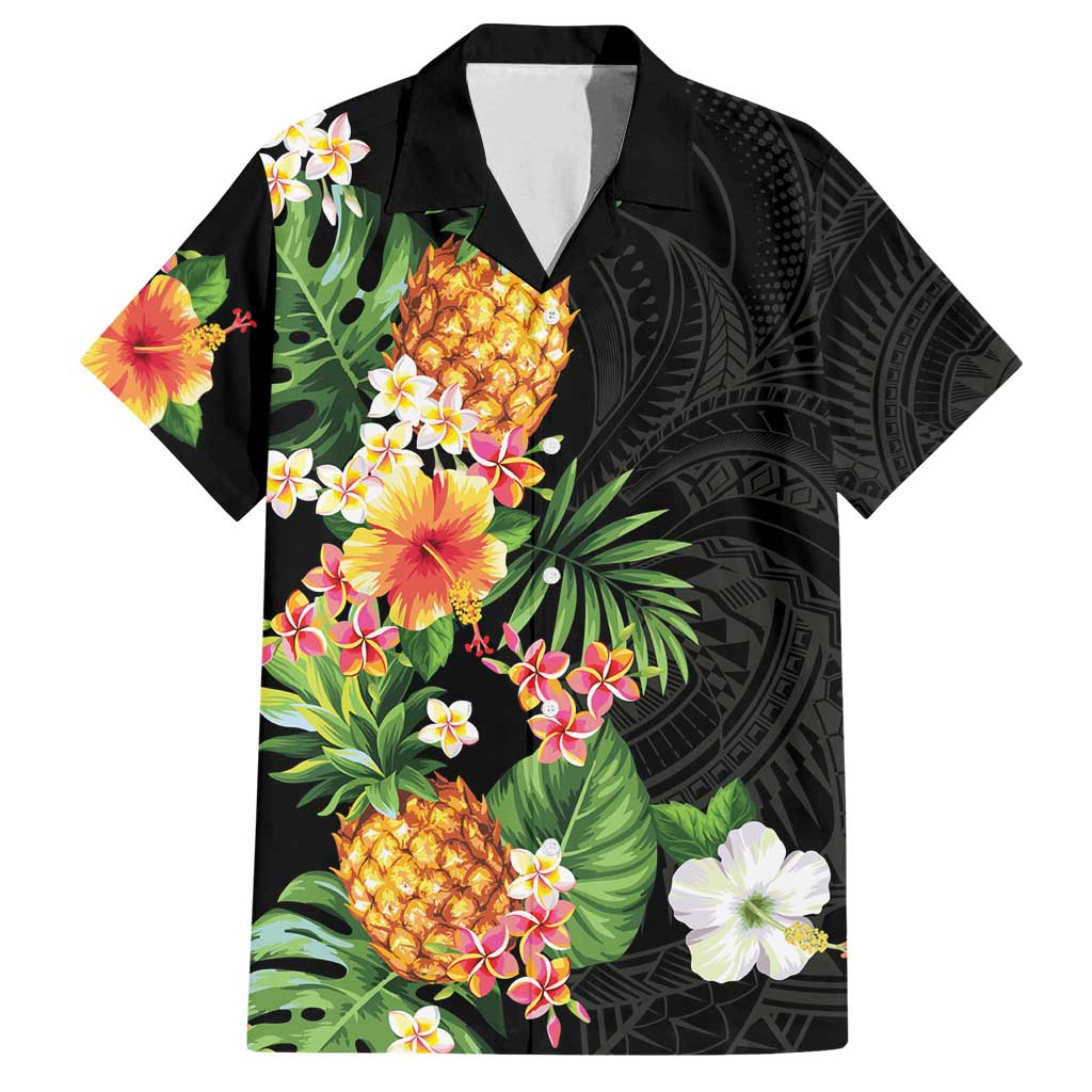 Hawaii Pineapple Tropical Family Matching Puletasi and Hawaiian Shirt Colorful Hibiscus Plumeria LT01 Dad's Shirt - Short Sleeve Black - Polynesian Pride