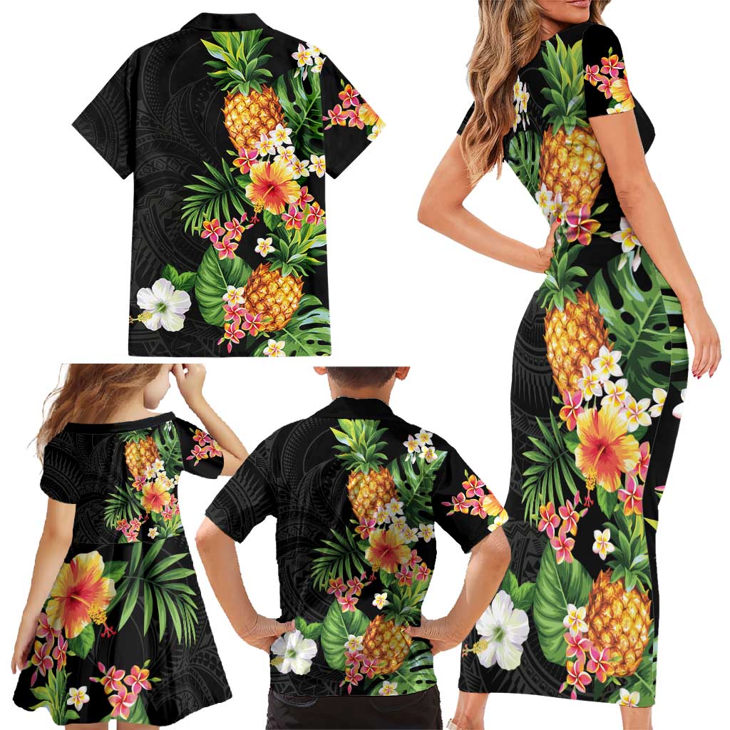 Hawaii Pineapple Tropical Family Matching Short Sleeve Bodycon Dress and Hawaiian Shirt Colorful Hibiscus Plumeria