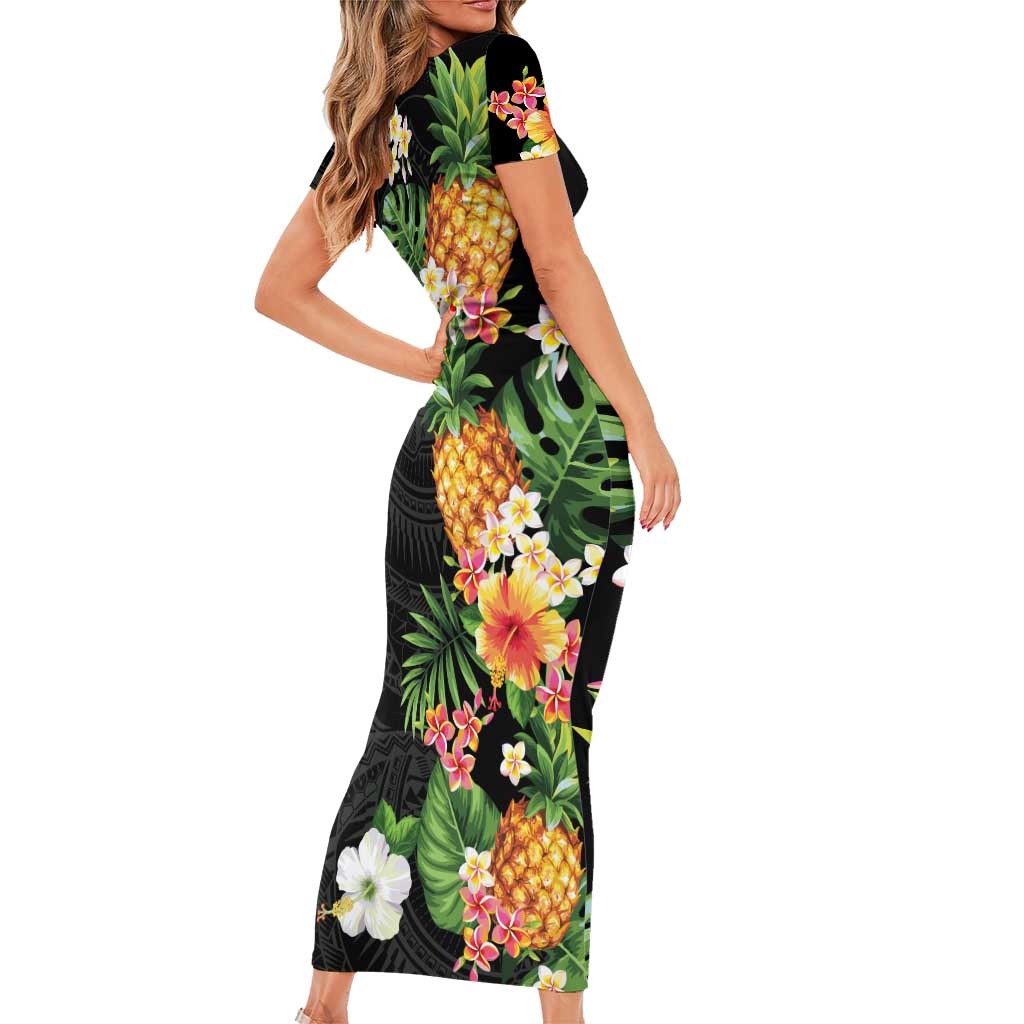 Hawaii Pineapple Tropical Family Matching Short Sleeve Bodycon Dress and Hawaiian Shirt Colorful Hibiscus Plumeria