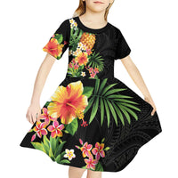 Hawaii Pineapple Tropical Kid Short Sleeve Dress Colorful Hibiscus Plumeria