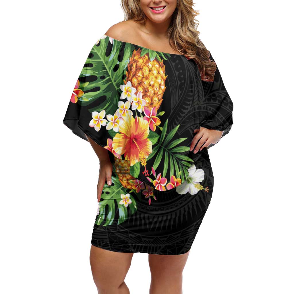 Hawaii Pineapple Tropical Off Shoulder Short Dress Colorful Hibiscus Plumeria