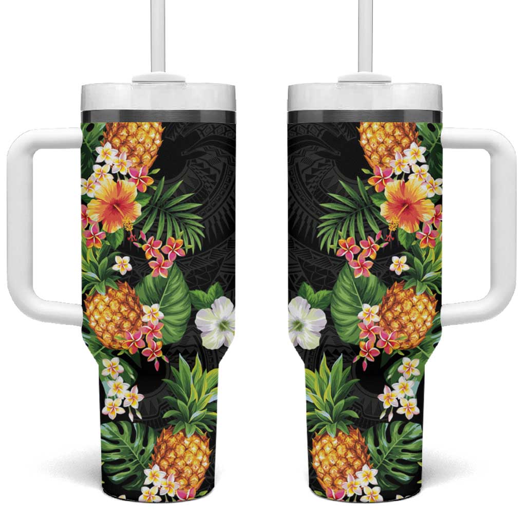 Hawaii Pineapple Tropical Tumbler With Handle Colorful Hibiscus Plumeria