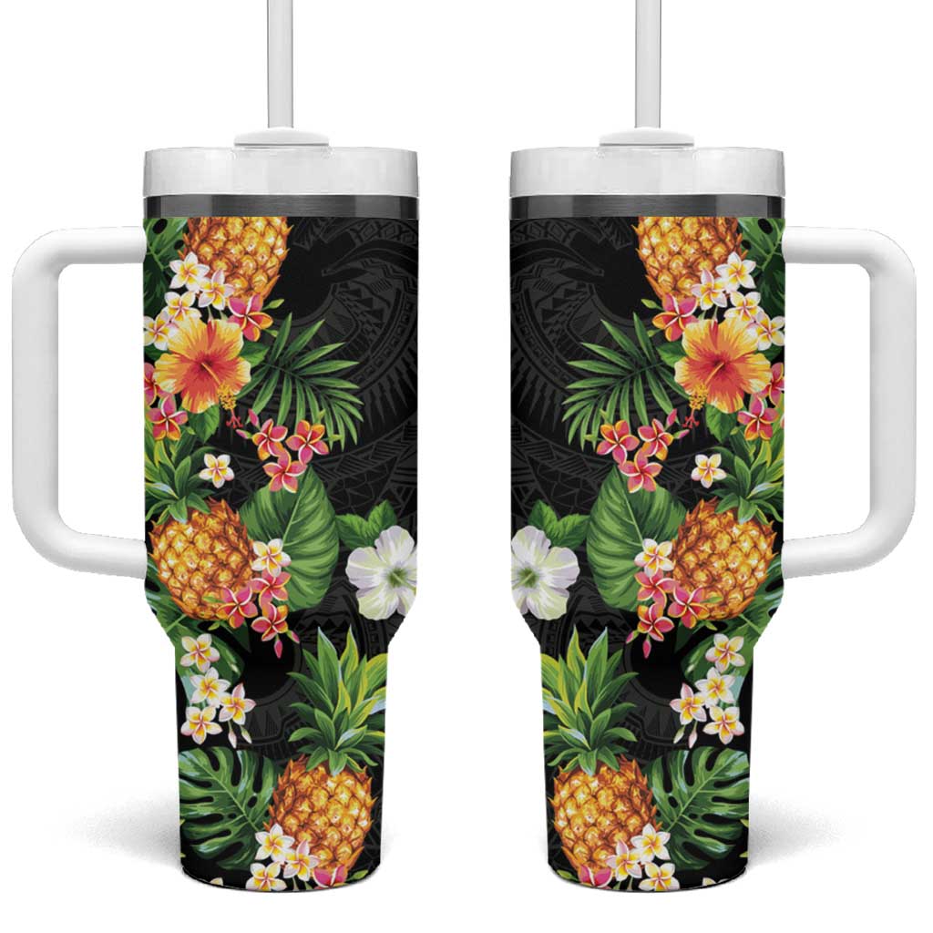 Hawaii Pineapple Tropical Tumbler With Handle Colorful Hibiscus Plumeria