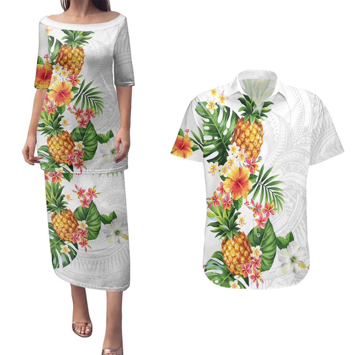 Hawaii Pineapple Tropical Couples Matching Puletasi and Hawaiian Shirt Luminous Hibiscus Plumeria LT01 White - Polynesian Pride