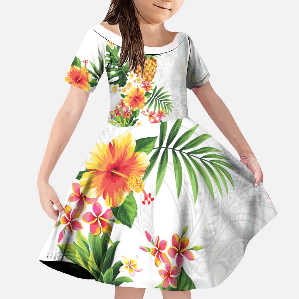 Hawaii Pineapple Tropical Family Matching Long Sleeve Bodycon Dress and Hawaiian Shirt Luminous Hibiscus Plumeria LT01 Daughter's Dress White - Polynesian Pride