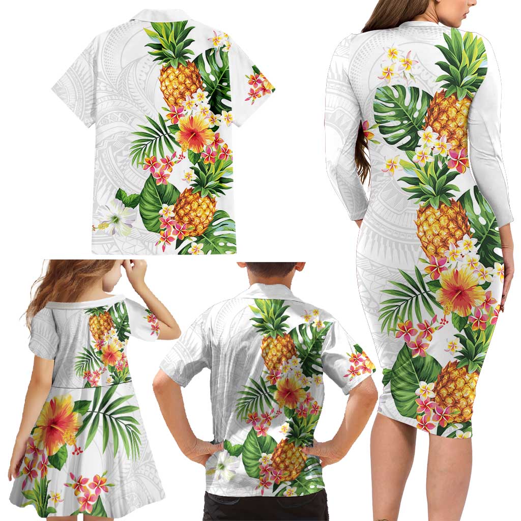 Hawaii Pineapple Tropical Family Matching Long Sleeve Bodycon Dress and Hawaiian Shirt Luminous Hibiscus Plumeria LT01 - Polynesian Pride