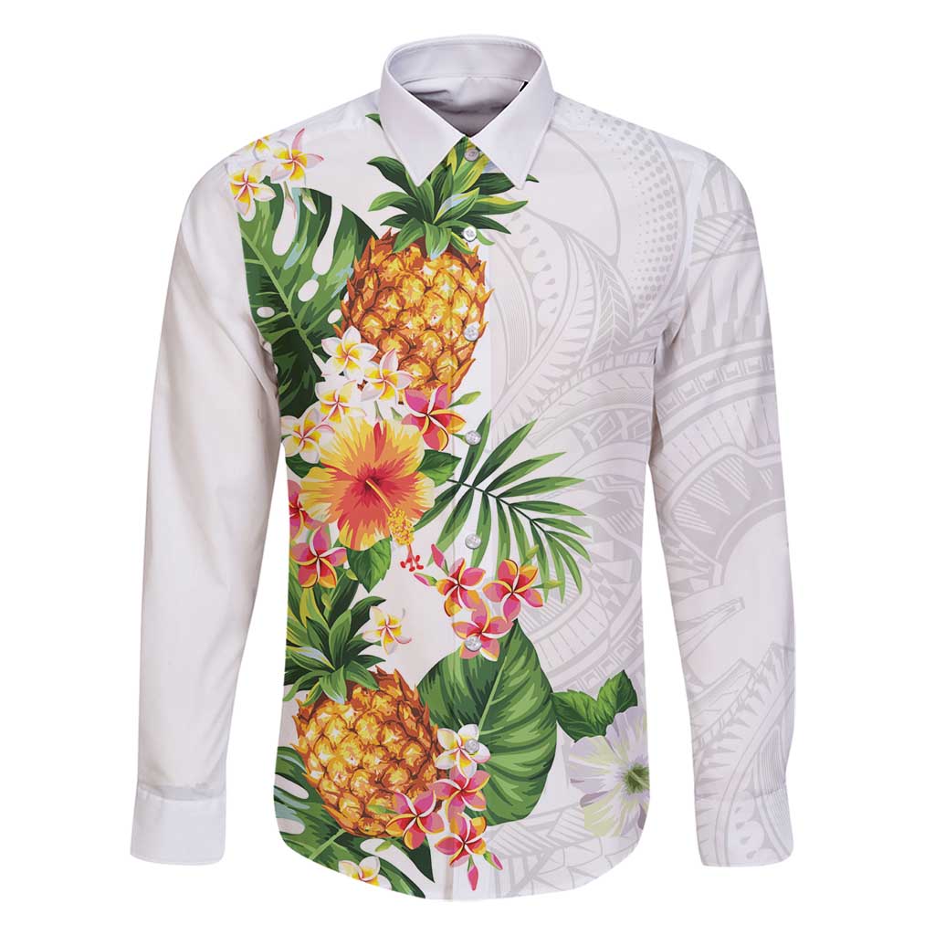 Hawaii Pineapple Tropical Family Matching Long Sleeve Bodycon Dress and Hawaiian Shirt Luminous Hibiscus Plumeria LT01 Dad's Shirt - Long Sleeve White - Polynesian Pride