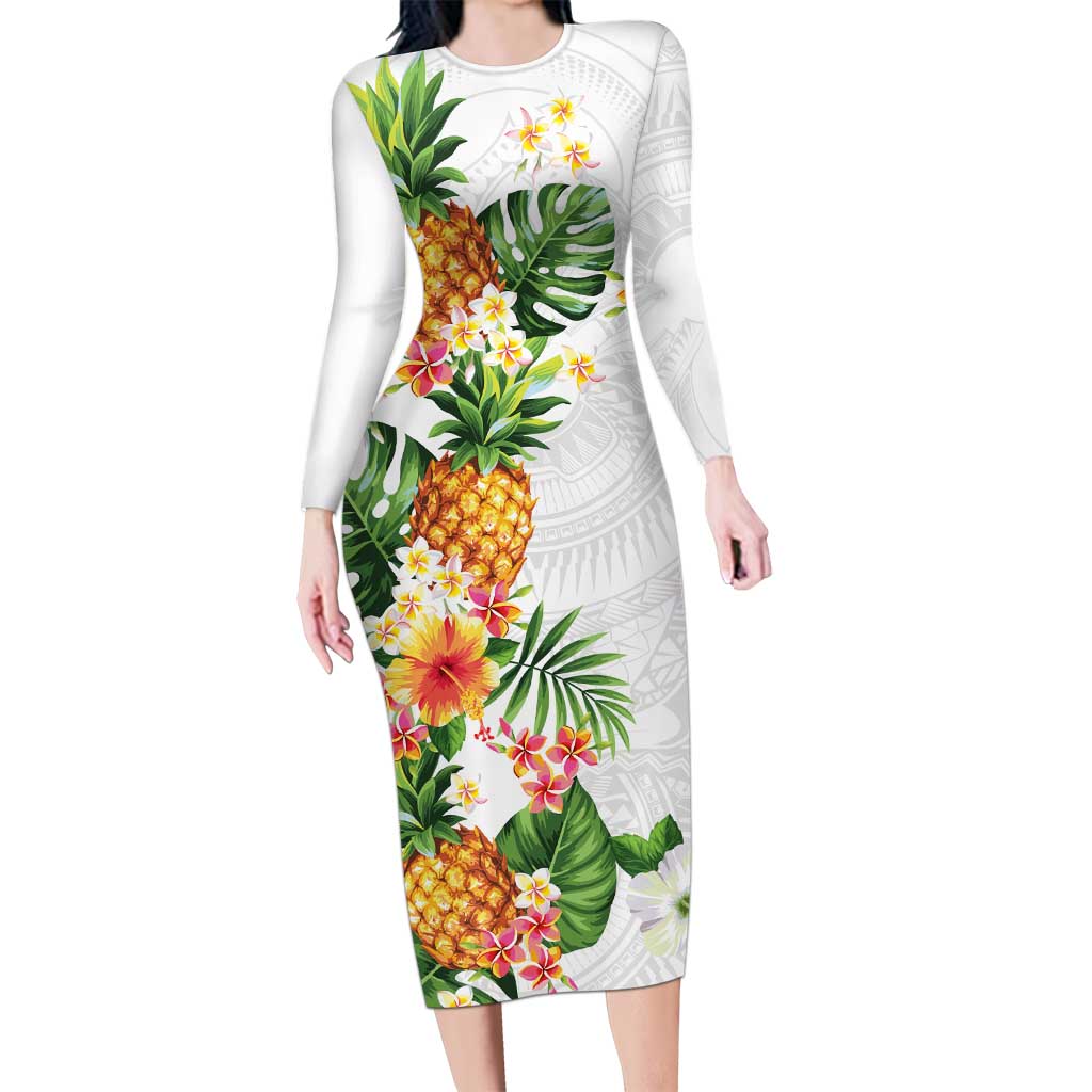 Hawaii Pineapple Tropical Family Matching Long Sleeve Bodycon Dress and Hawaiian Shirt Luminous Hibiscus Plumeria LT01 Mom's Dress White - Polynesian Pride