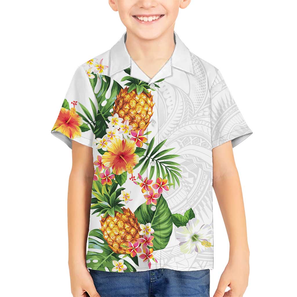 Hawaii Pineapple Tropical Family Matching Long Sleeve Bodycon Dress and Hawaiian Shirt Luminous Hibiscus Plumeria LT01 Son's Shirt White - Polynesian Pride