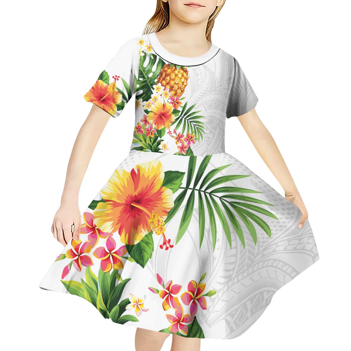 Hawaii Pineapple Tropical Kid Short Sleeve Dress Luminous Hibiscus Plumeria