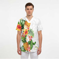 Hawaii Pineapple Tropical Scrub Top Luminous Hibiscus Plumeria - Polynesian Pride