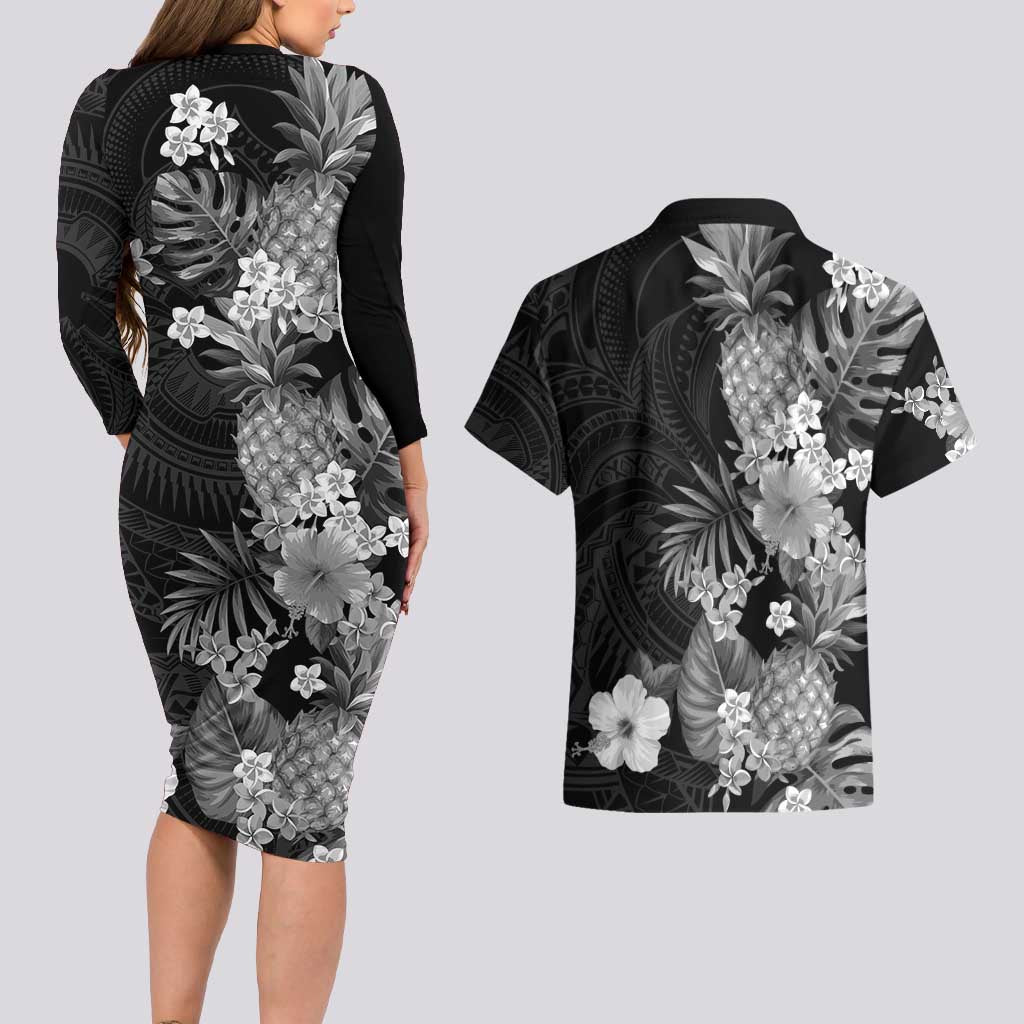 Hawaii Pineapple Tropical Couples Matching Long Sleeve Bodycon Dress and Hawaiian Shirt Neutral Hibiscus Plumeria