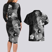 Hawaii Pineapple Tropical Couples Matching Long Sleeve Bodycon Dress and Hawaiian Shirt Neutral Hibiscus Plumeria