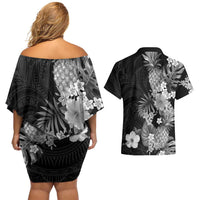 Hawaii Pineapple Tropical Couples Matching Off Shoulder Short Dress and Hawaiian Shirt Neutral Hibiscus Plumeria