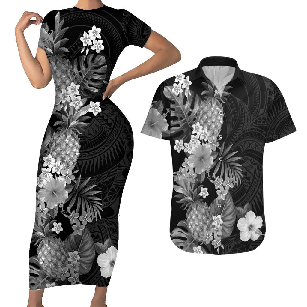 Hawaii Pineapple Tropical Couples Matching Short Sleeve Bodycon Dress and Hawaiian Shirt Neutral Hibiscus Plumeria