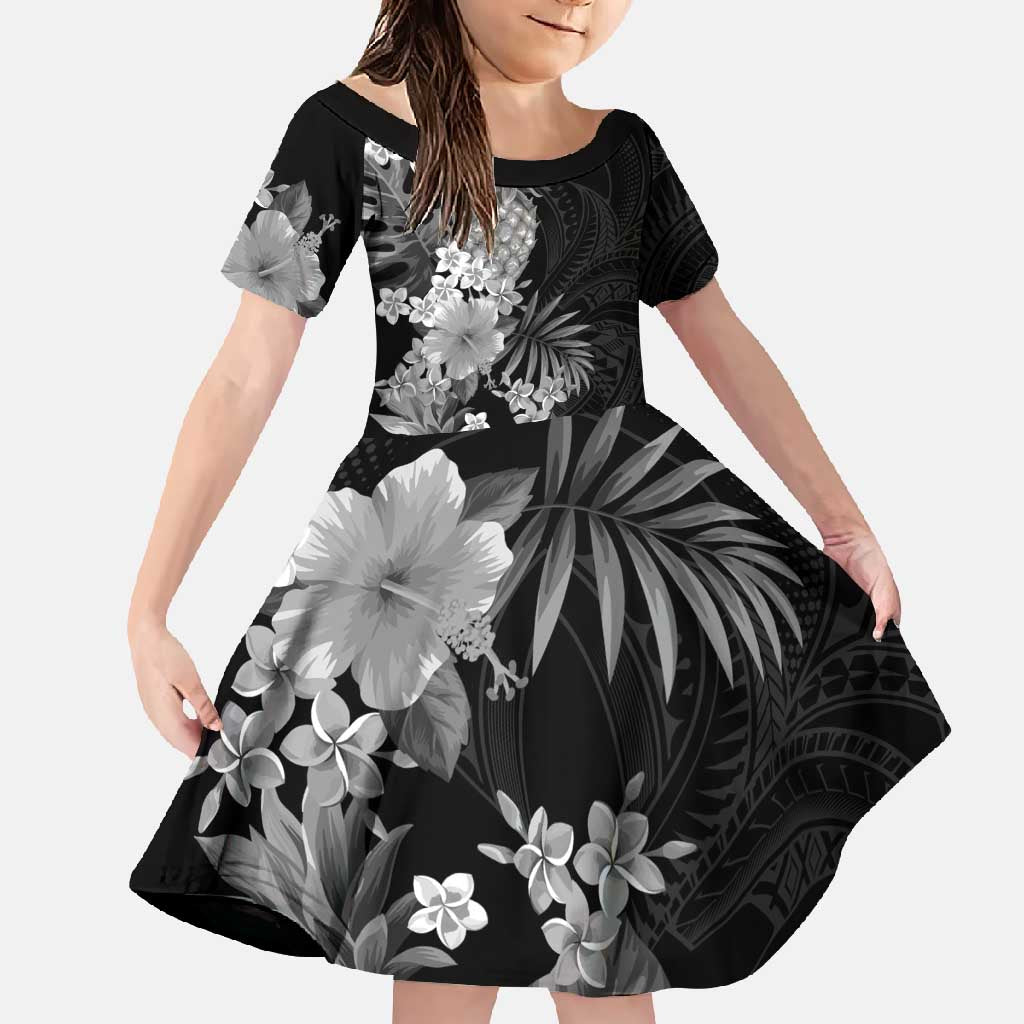 Hawaii Pineapple Tropical Family Matching Long Sleeve Bodycon Dress and Hawaiian Shirt Neutral Hibiscus Plumeria LT01 Daughter's Dress Black - Polynesian Pride