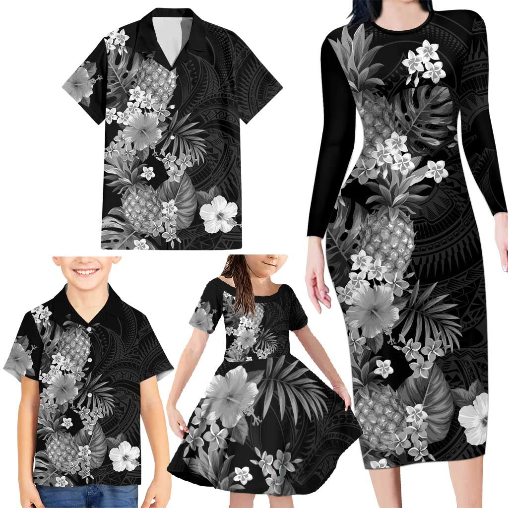 Hawaii Pineapple Tropical Family Matching Long Sleeve Bodycon Dress and Hawaiian Shirt Neutral Hibiscus Plumeria LT01 - Polynesian Pride