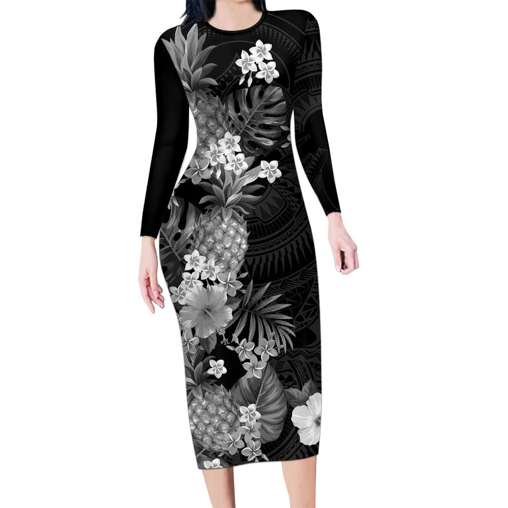 Hawaii Pineapple Tropical Family Matching Long Sleeve Bodycon Dress and Hawaiian Shirt Neutral Hibiscus Plumeria LT01 Mom's Dress Black - Polynesian Pride