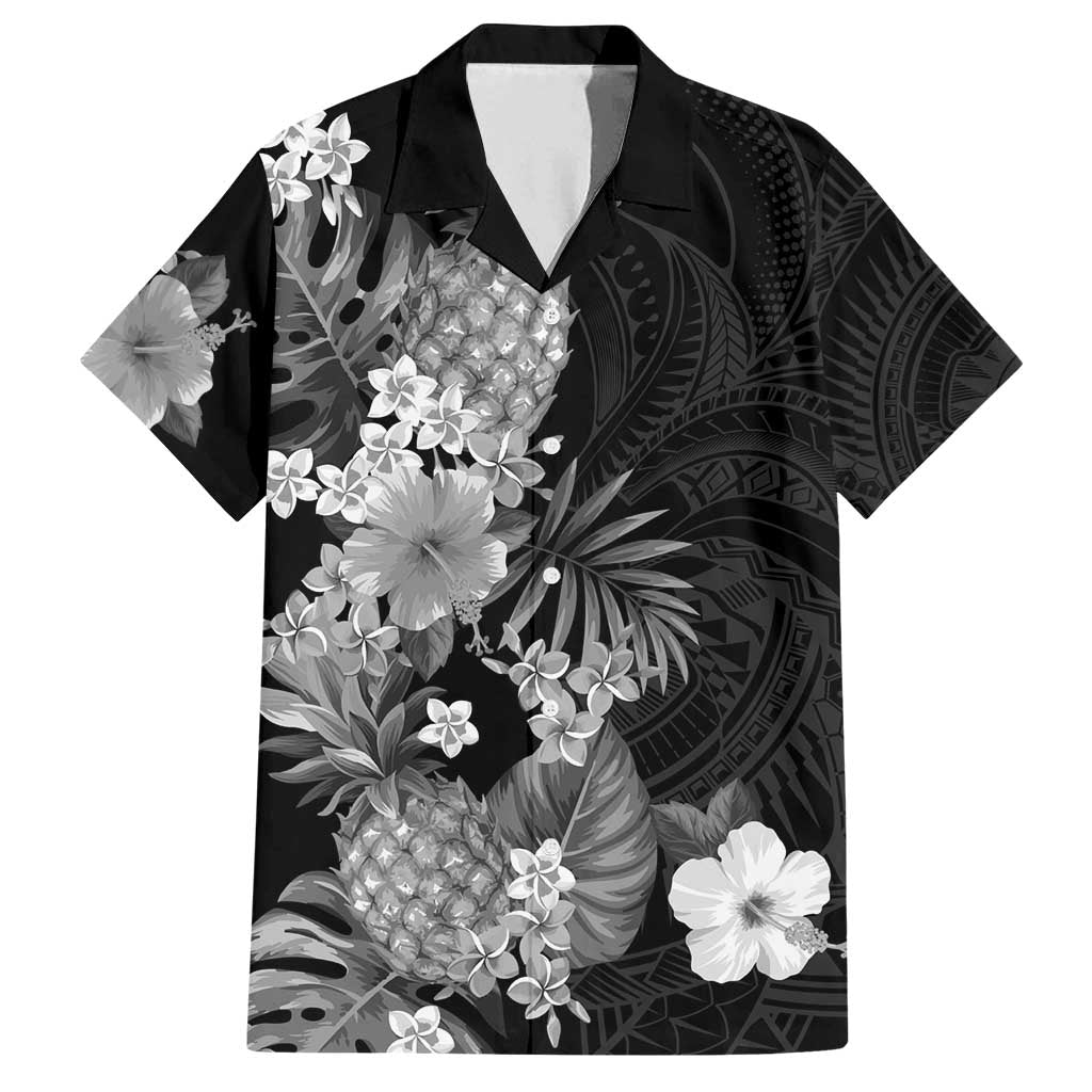 Hawaii Pineapple Tropical Family Matching Puletasi and Hawaiian Shirt Neutral Hibiscus Plumeria LT01 Dad's Shirt - Short Sleeve Black - Polynesian Pride