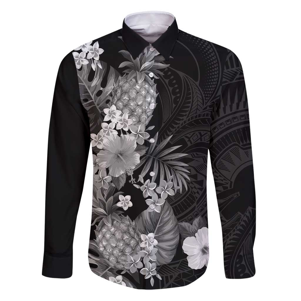 Hawaii Pineapple Tropical Family Matching Puletasi and Hawaiian Shirt Neutral Hibiscus Plumeria LT01 Dad's Shirt - Long Sleeve Black - Polynesian Pride